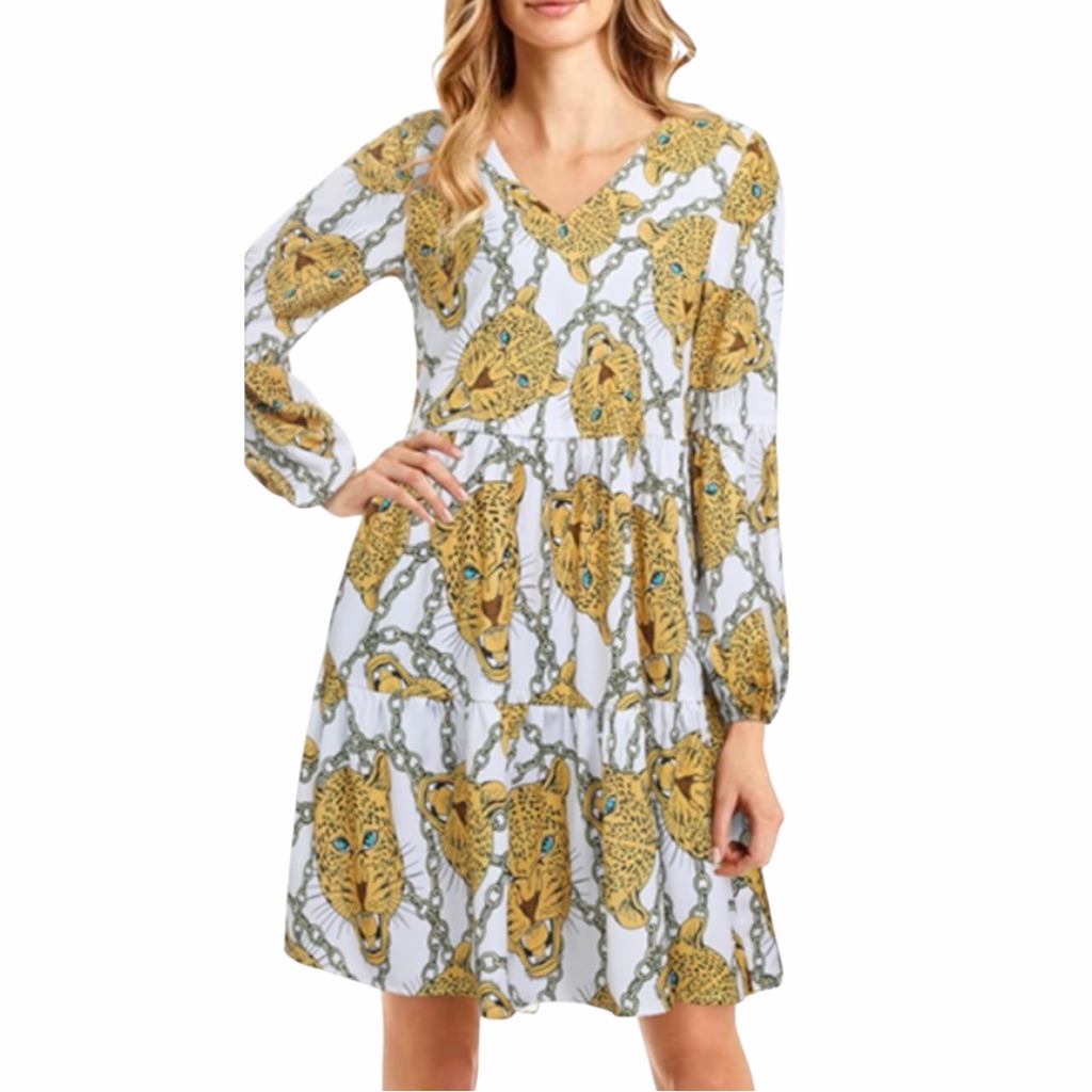 Enmain Women's Dress With Pockets Fierce Leopard And Chain Print Size Large